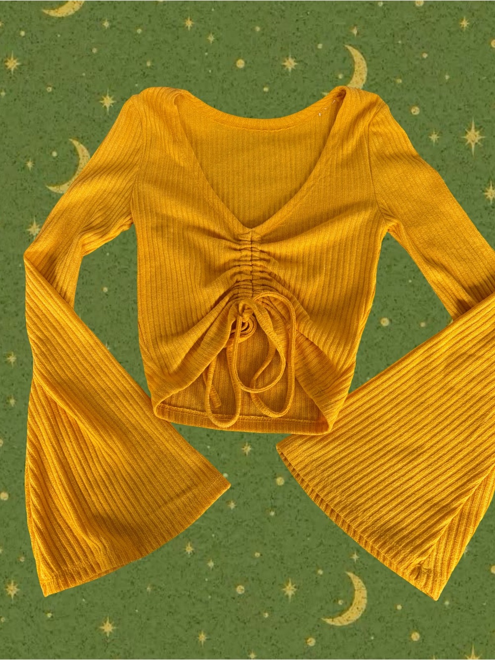 Women's Mustard Ruched V-Neck Ribbed Long-Sleeve Top